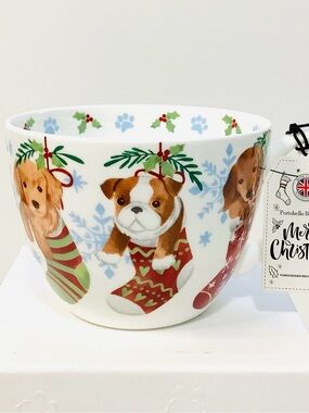 NEW Portobello by Design Bone China Mug Cute Puppies Dog on Christmas Stockings